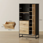 Armoire de cuisine meuble de rangement, 2 tiroirs 1 placard 2 niches et étagères réglables, 88x35x160cm, noir et naturel