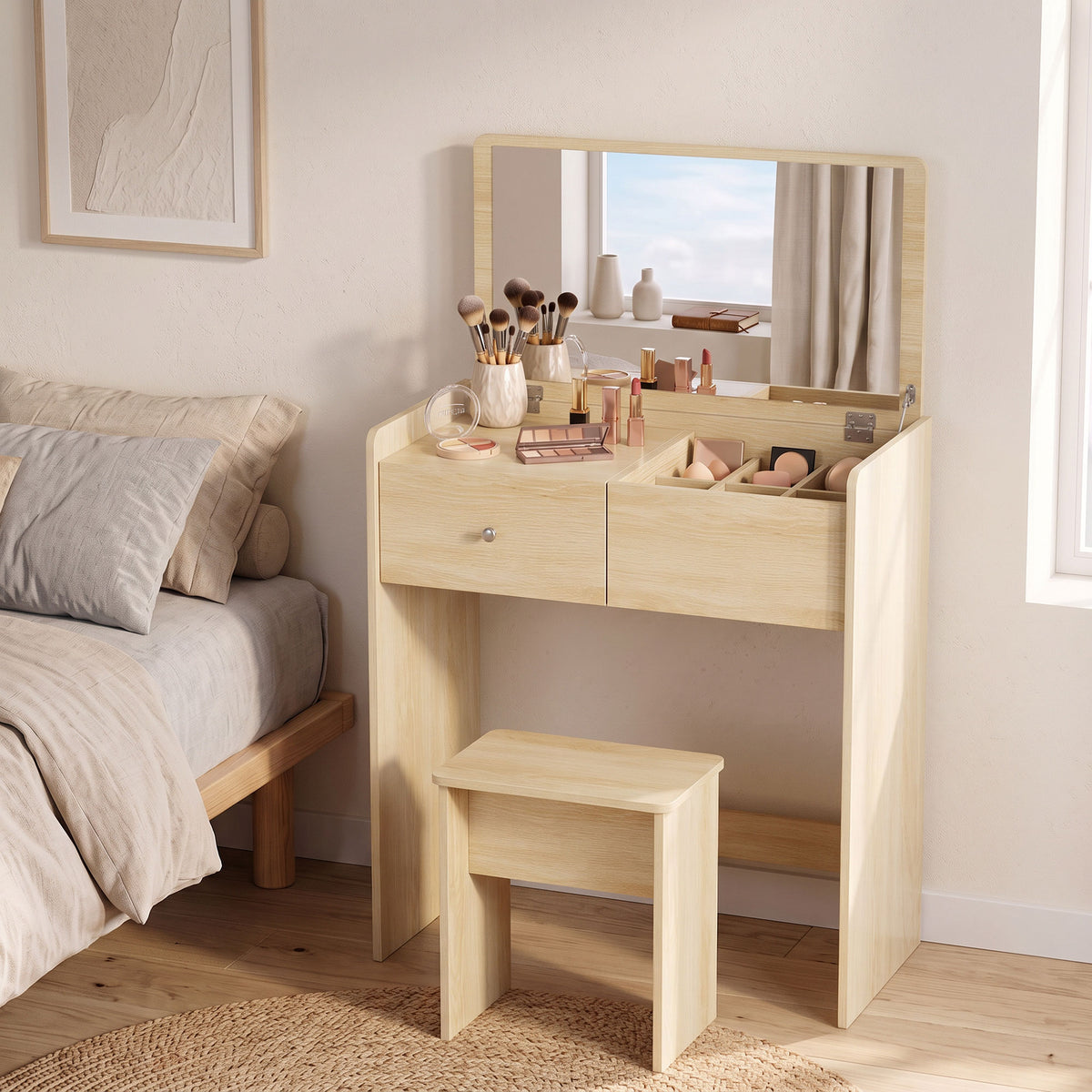 Schreibtisch-Schminktisch 2-in-1 mit klappbarem Spiegel und Hocker, Schminktisch mit Schublade und 6 Fächern, Eiche