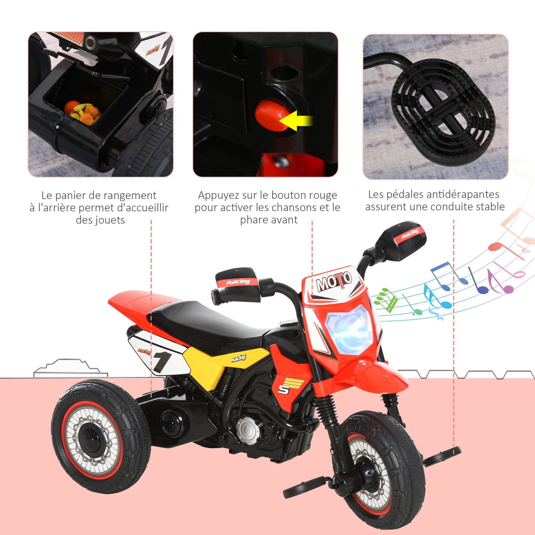 Tricycle Enfants Moto Cross Effets musicaux et Lumineux Coffre Rangement Rouge