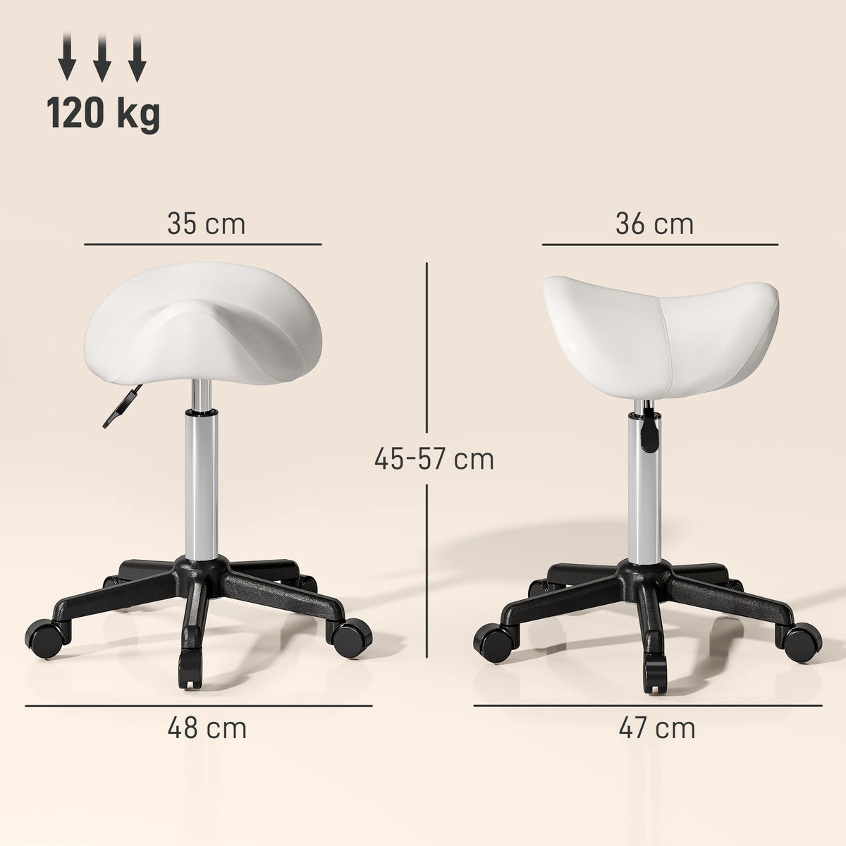 Sgabello con ruote, sedia da lavoro con altezza regolabile 45-57 cm e sedile ergonomico, 48x47x45-57 cm, bianco