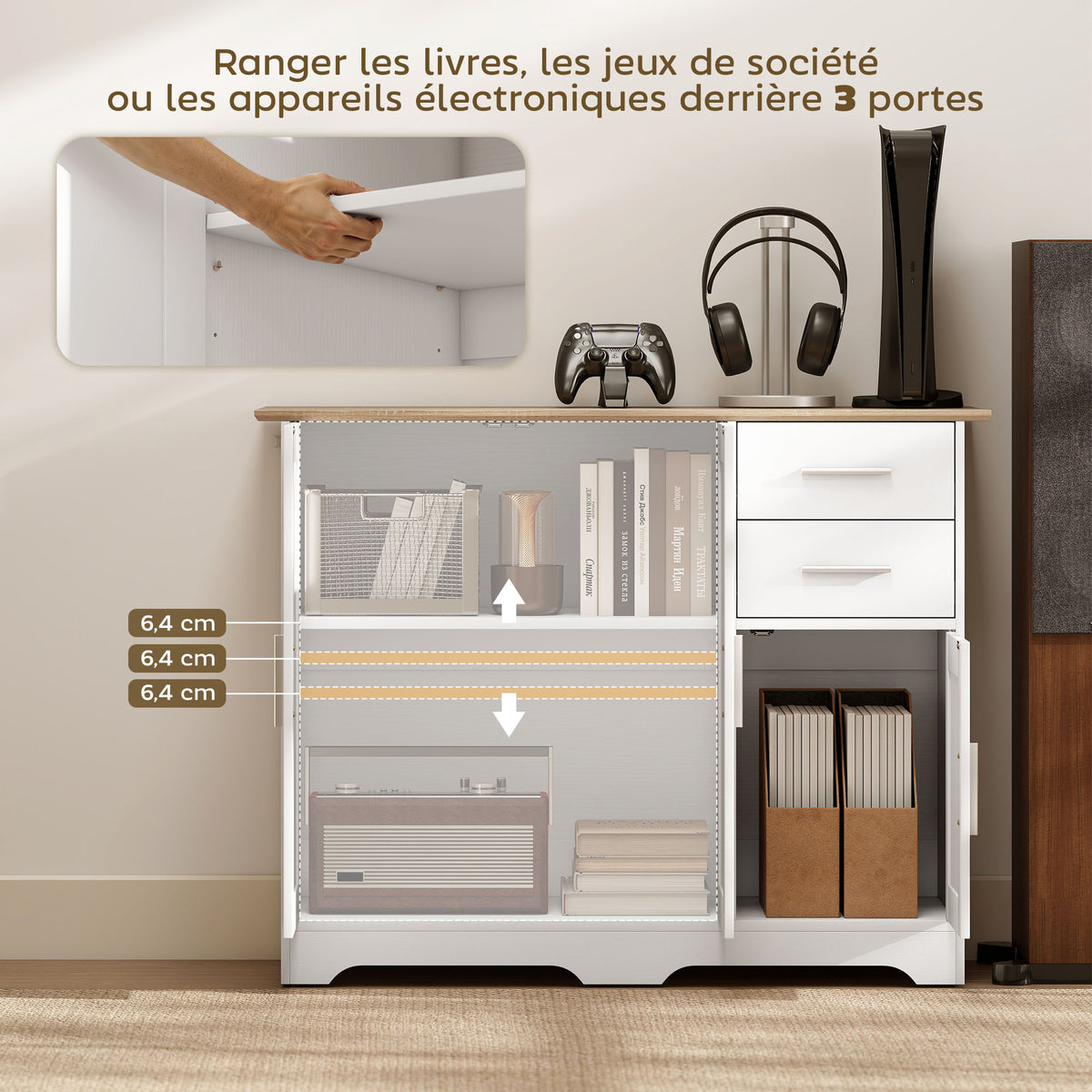 Buffet salon, meuble de rangement avec 2 tiroirs, 3 portes et étagère réglable, 100 x 40 x 78 cm, blanc et bois naturel
