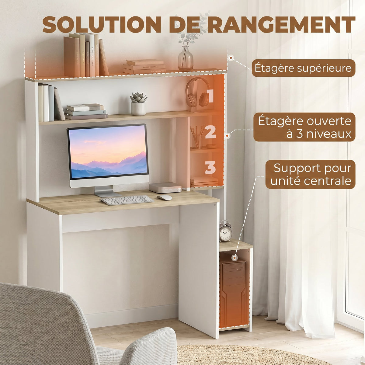 Bureau Informatique, 114 x 45 x 138 cm, Bureau avec Rangement, Étagères Ouvertes et Support UC, Blanc et Bois Naturel
