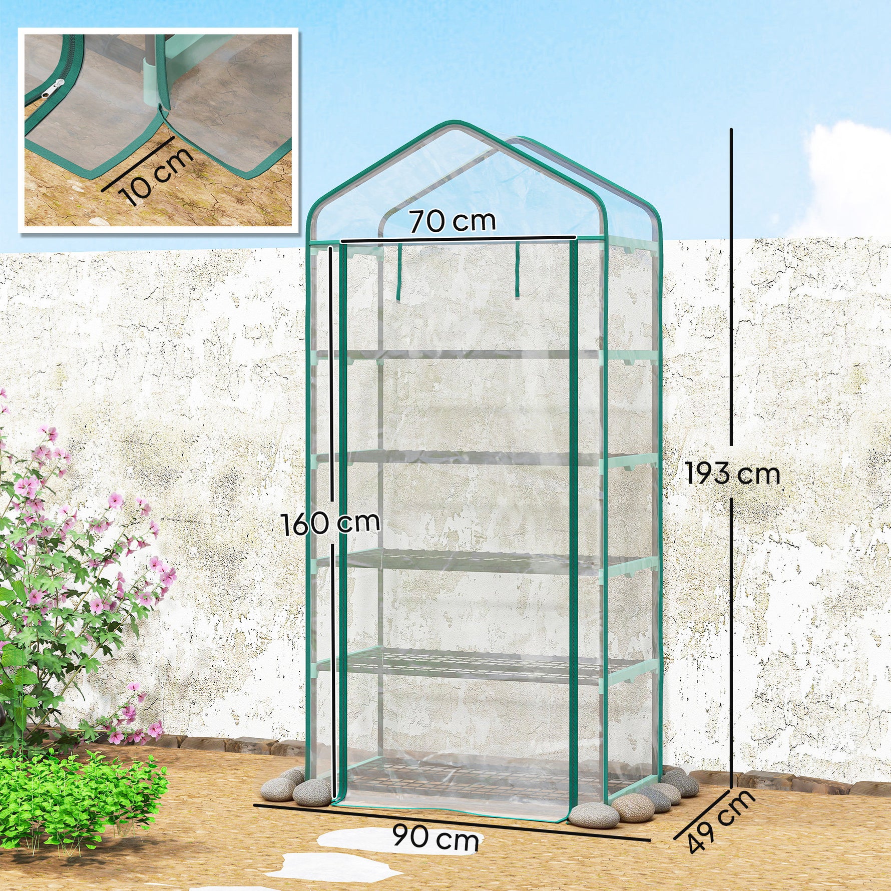 Serre de jardin PVC avec étagères 5 niveaux, serre de balcon, châssis en acier, porte zippée, 90x49x193cm, transparent