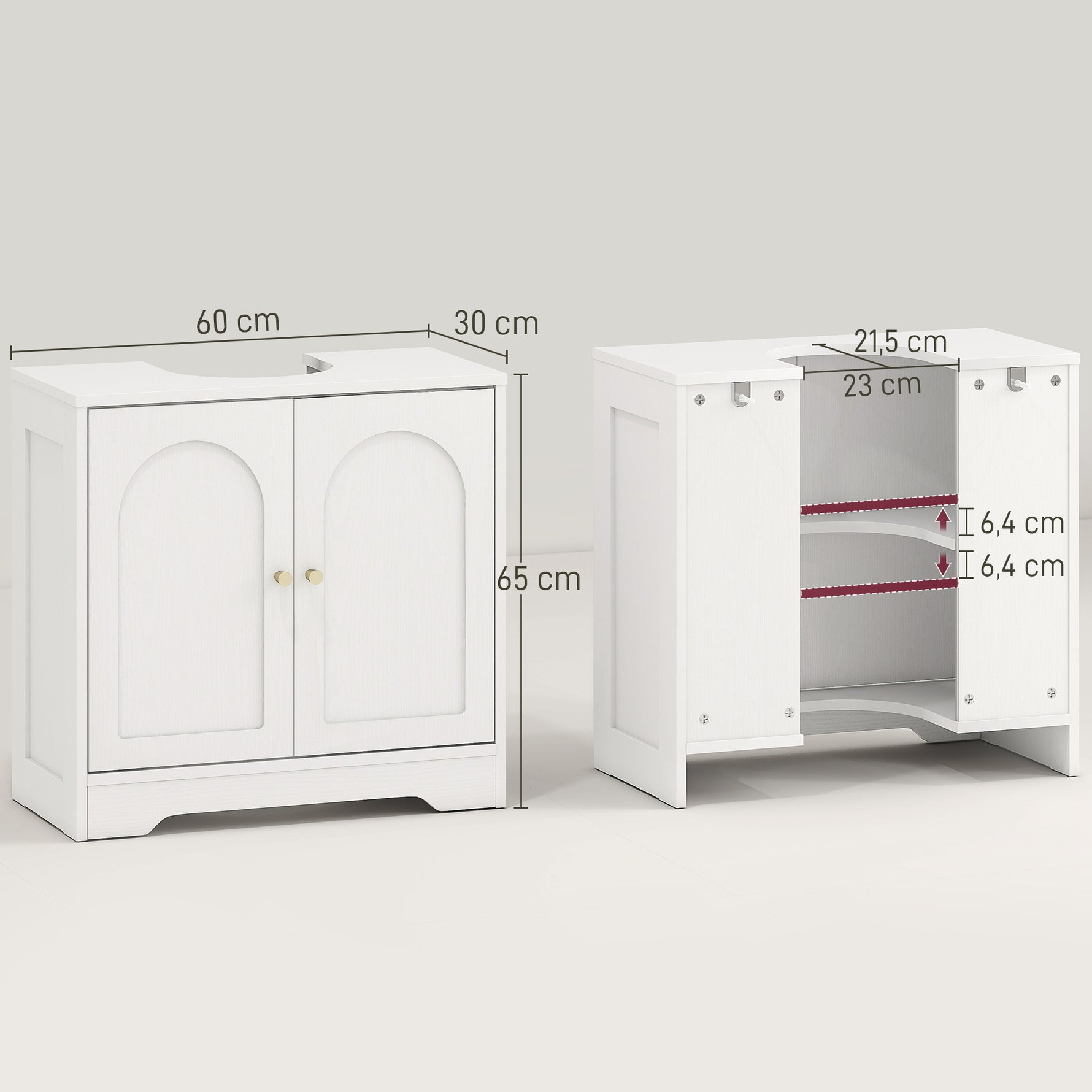 Meuble sous lavabo salle de bain avec placard à portes et étagère réglable, pour bassin avec ou sans pédestal, blanc