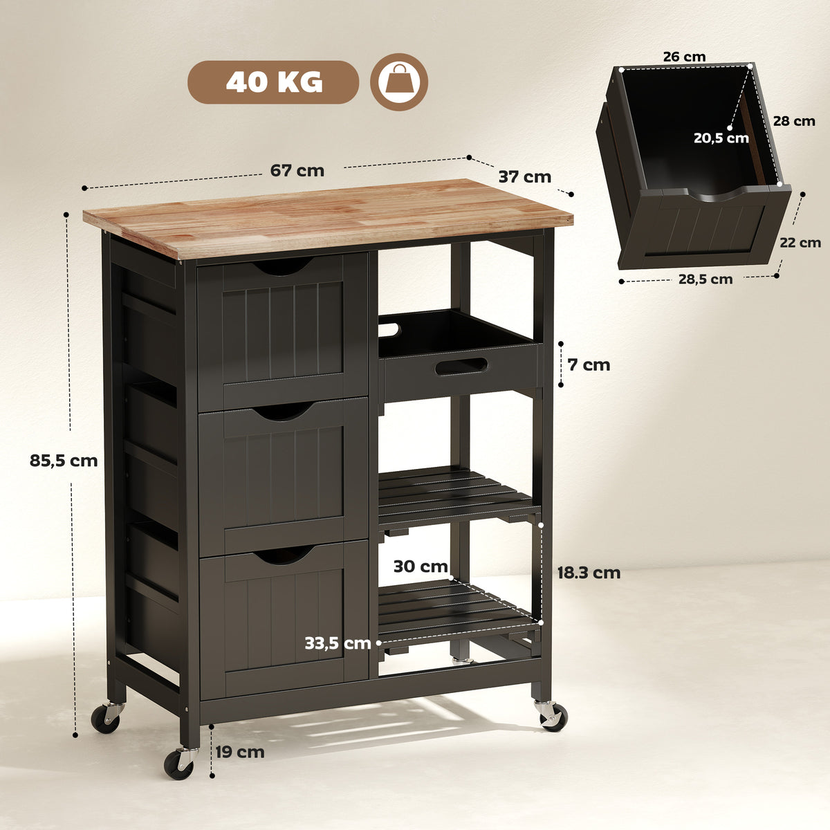 Chariot desserte de cuisine à roulettes plan de travail en bois 3 tiroirs et 1 plateau amovible 67 x 37 x 85,5 cm noir