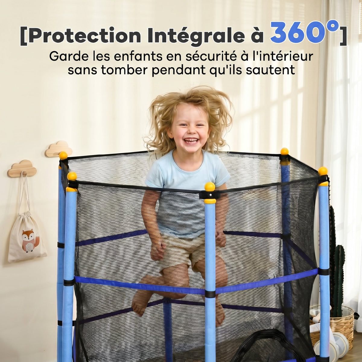 Trampoline Enfant Ø 1,63 × 1,9H m Filet de sécurité Porte zipée Couvre-Ressorts 6 poteaux rembourrés Inclus Bleu