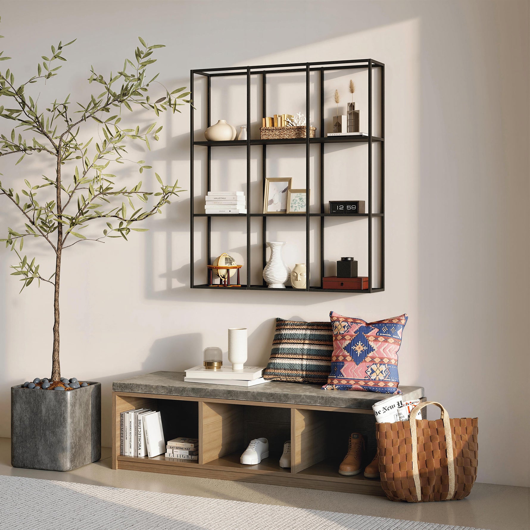 Étagère Murale Industrielle 9 Compartiments, Étagère Modulaire en Métal pour Objets de Collection, 87,5x18x100cm Noir