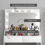 Coiffeuse avec miroir Hollywood, tiroirs, 3 modes d'éclairage, 10 ampoules, 80 x 40 x 135 cm, blanc