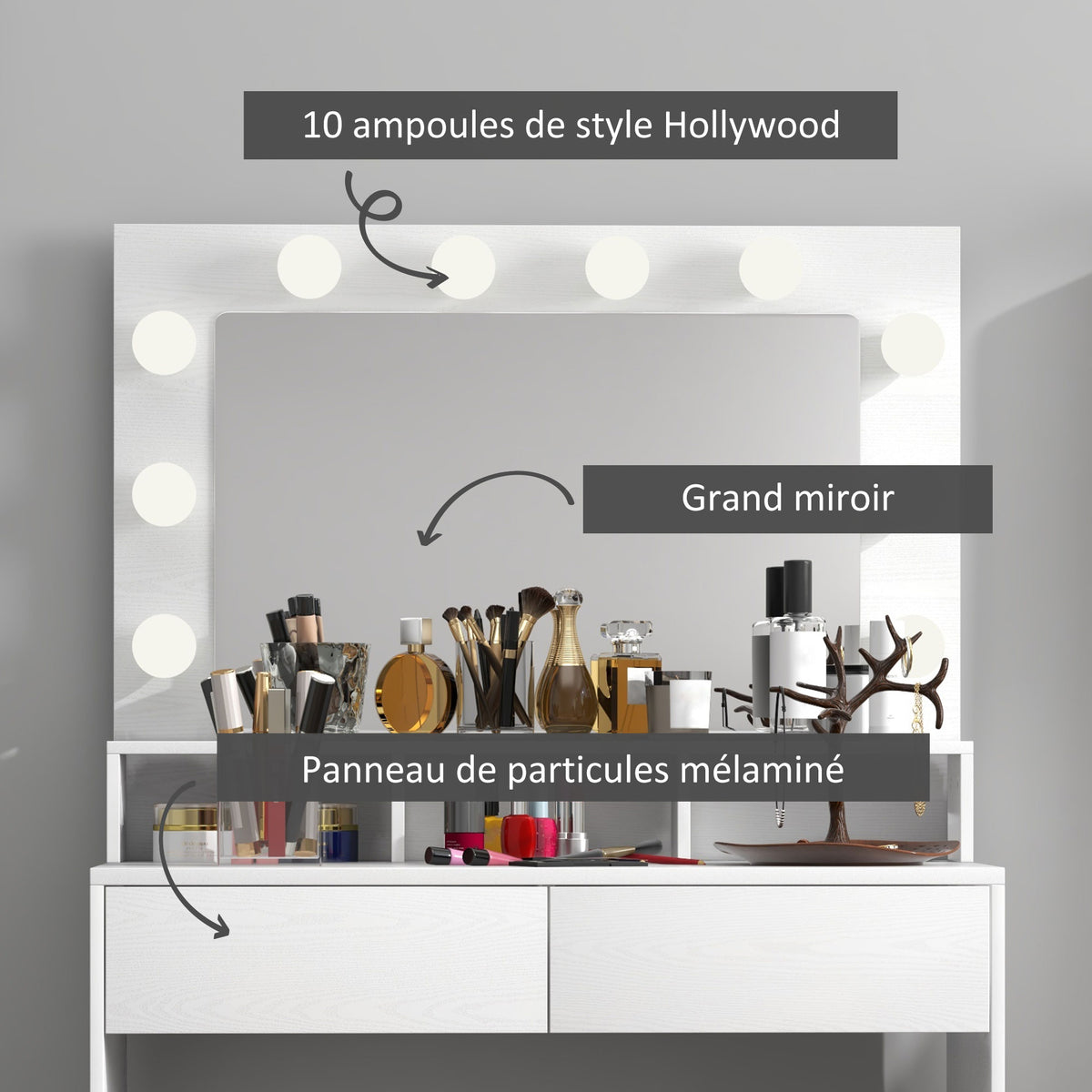Coiffeuse avec miroir Hollywood, tiroirs, 3 modes d'éclairage, 10 ampoules, 80 x 40 x 135 cm, blanc