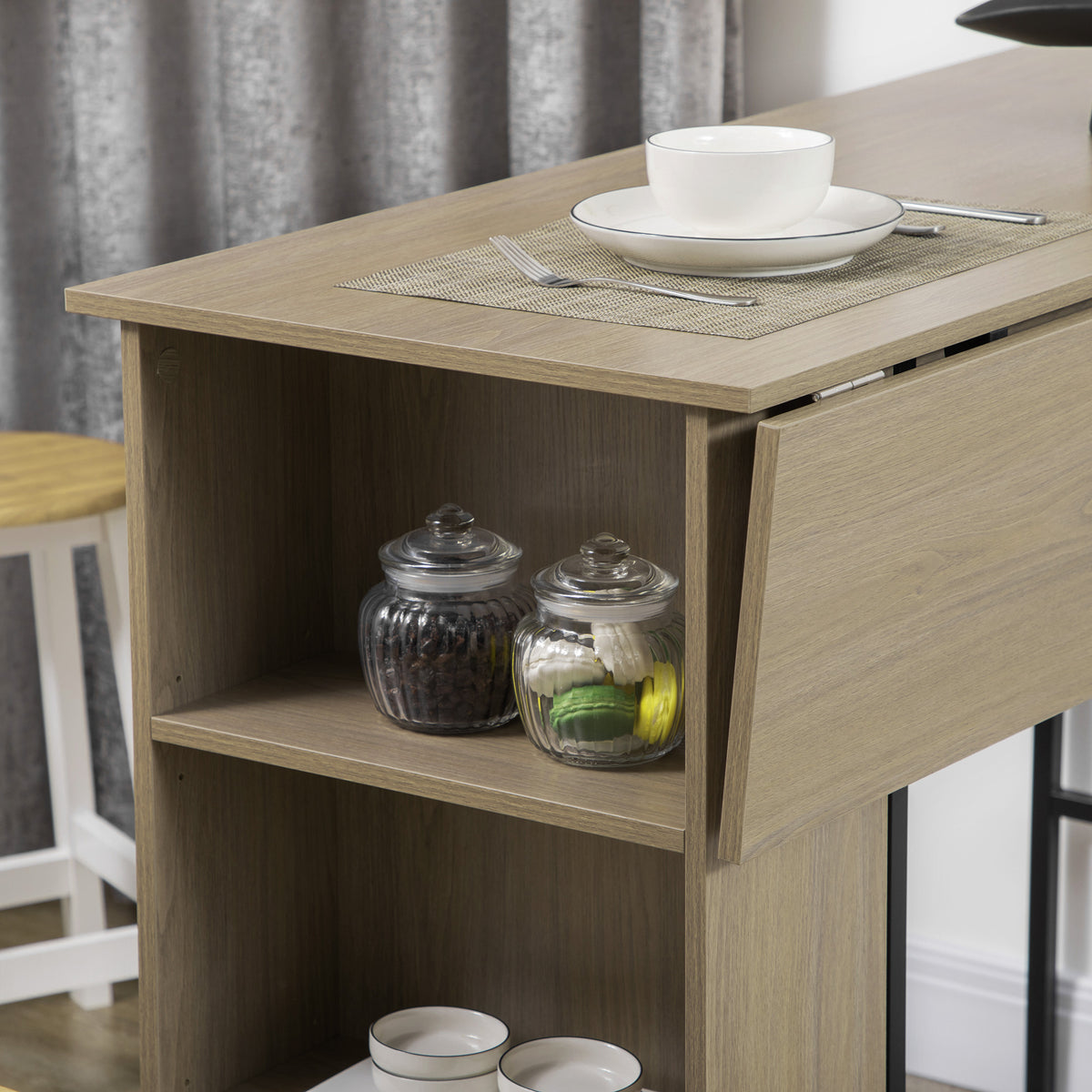 Isla central para barra con tablero lateral abatible y 3 estantes 120 x 76 x 91,4 cm gris claro
