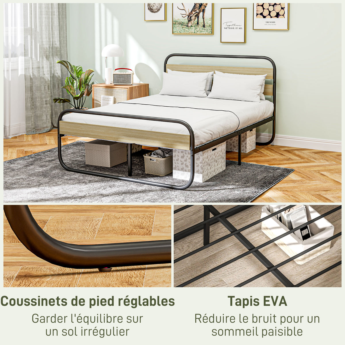 Lit double 140 x 190 cm, cadre de lit en acier style industriel, tête de lit et sommier inclus, aspect bois