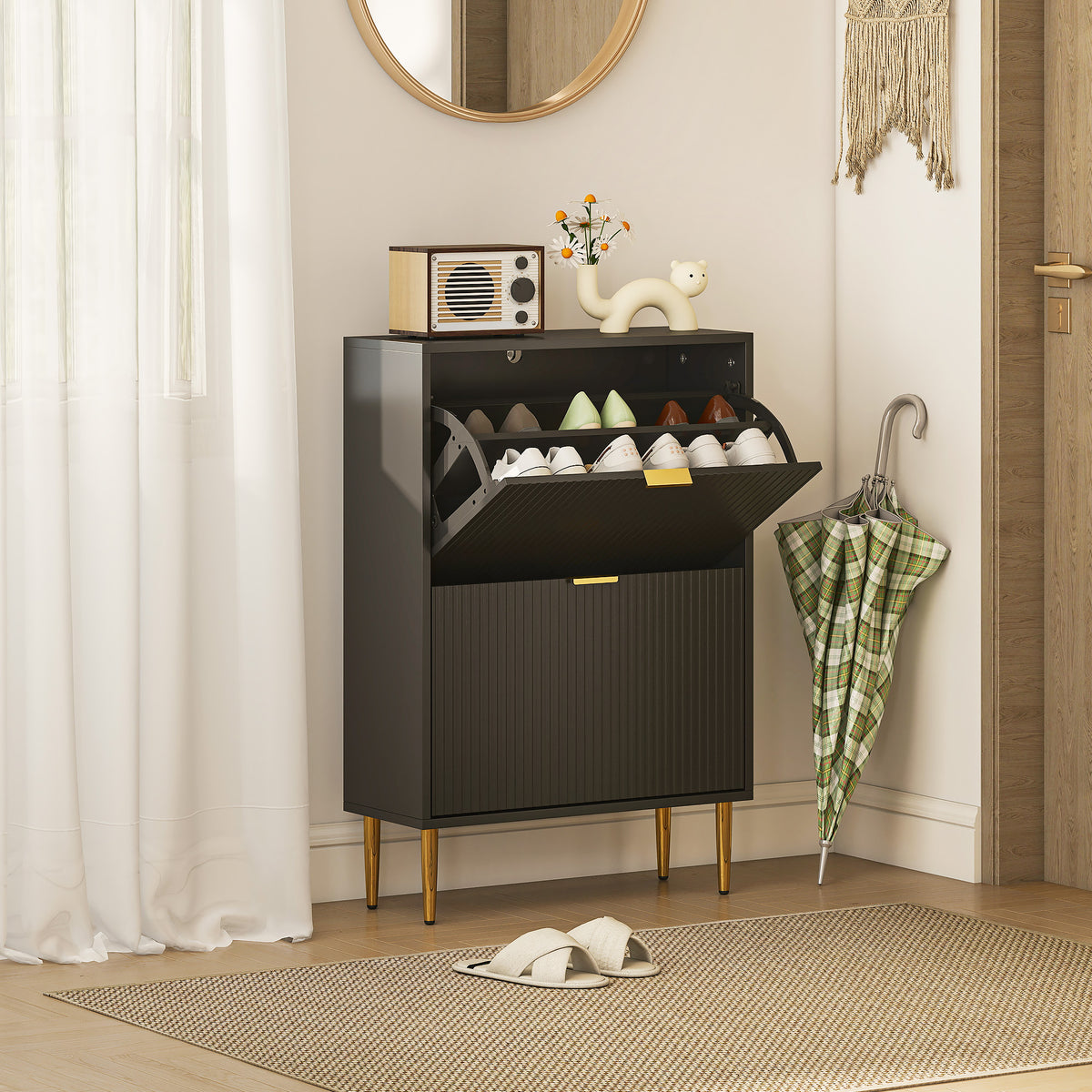 Schuhschrank für 12 Paar Schuhe mit 2 Klappfächern, geriffelten Türen und verstellbaren Einlegeböden, 60x24x91,5 cm, schwarz