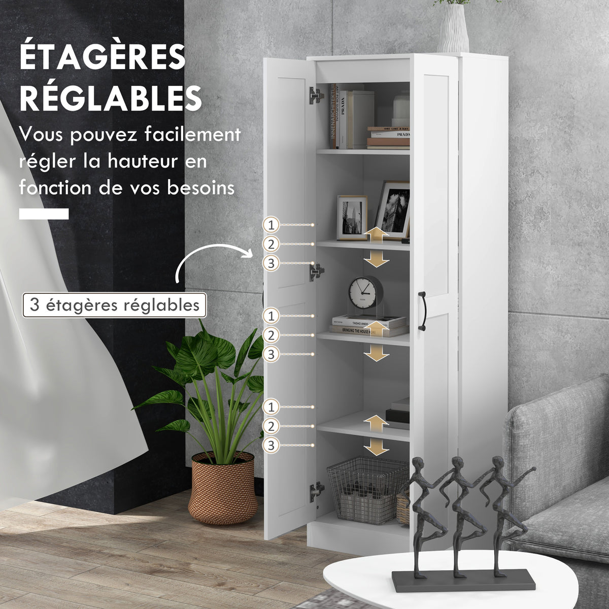 Armoire 2 portes meuble de rangement avec 5 étagères, style contemporain, 60L x 36,5l x 175H