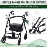 Déambulateur 4 roues - déambulateur pliable léger - assise + dossier rembourré - poignées ergonomiques, freins à main - panier rangement - cale-pied - métal noir