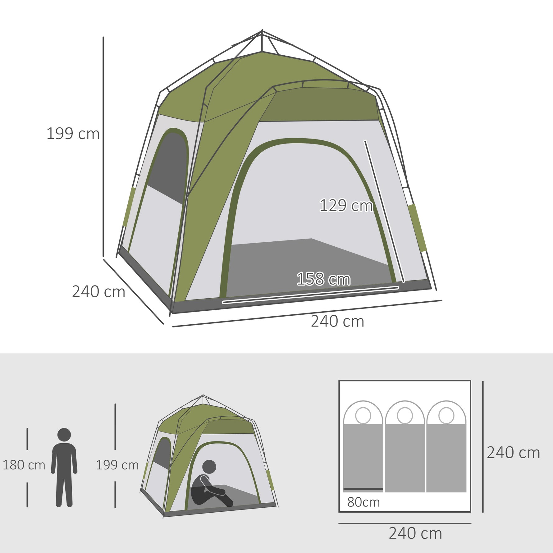 Tente de camping pop-up 3 personnes, dôme familiale avec 4 portes, 4 fenêtres et sac de transport – Vert et gris