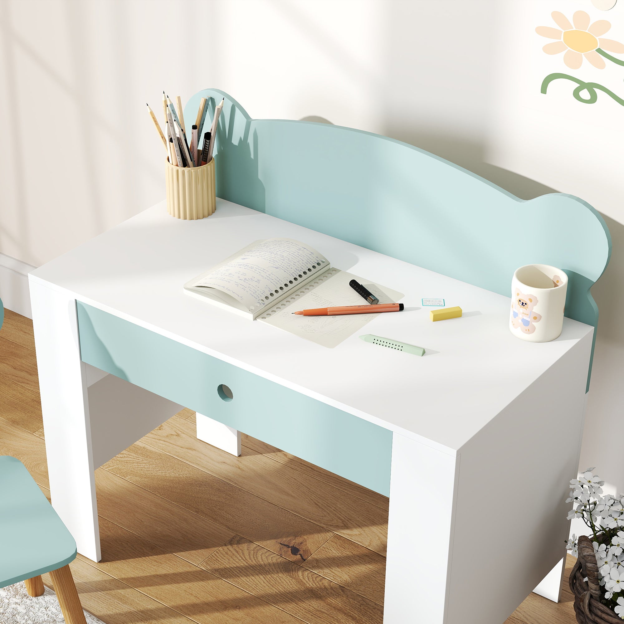 Bureau enfant avec chaise, table enfant et chaise avec tiroir et large plateau, 80 x 41 x 74,5 cm, vert