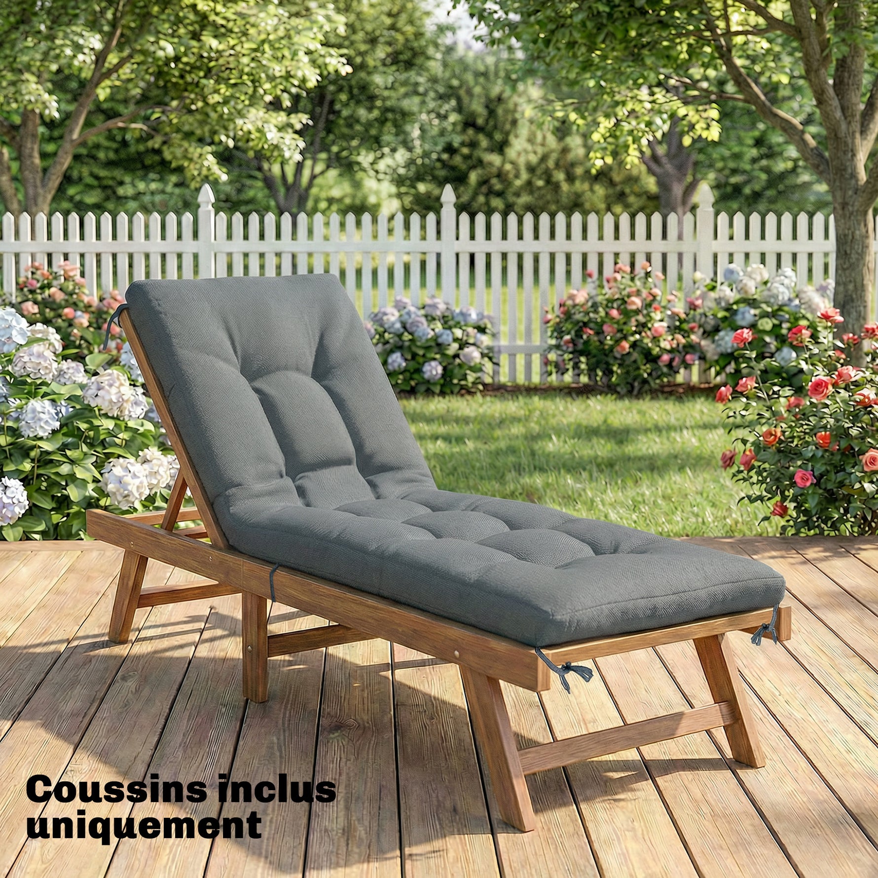 Coussin Bain de Soleil Chaise Longue en Mousse à Mémoire avec Sangles, Protection UV50+, 198x65x13cm, Gris foncé
