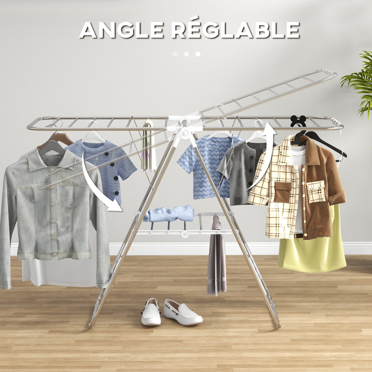 Séchoir à linge sur pieds pliable étendoir 2 niveaux ajustables dim. 148L x 60,5l x 98H cm