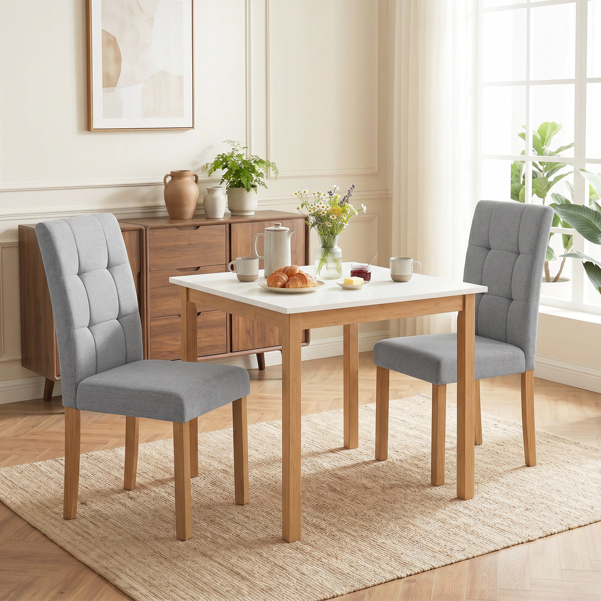 Lote de 2 sillas de comedor, silla de cocina moderna con asiento acolchado de tela efecto lino, gris claro