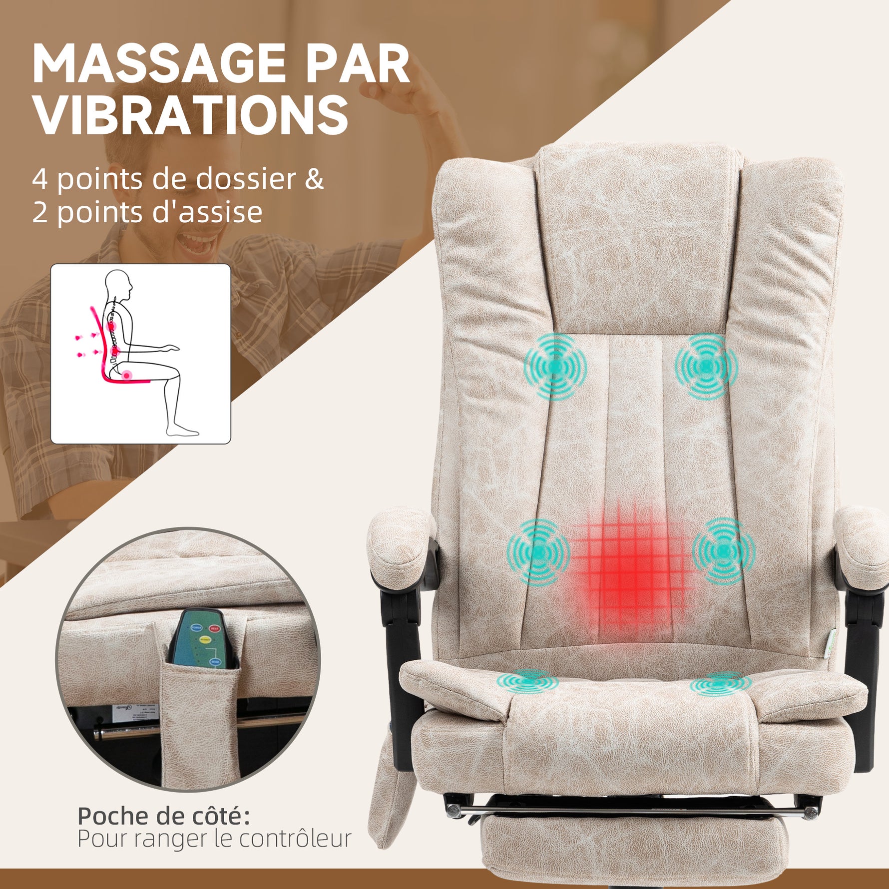 Fauteuil de bureau massant et chauffant avec hauteur réglable, dossier inclinable, repose-pied et télécommande, crème