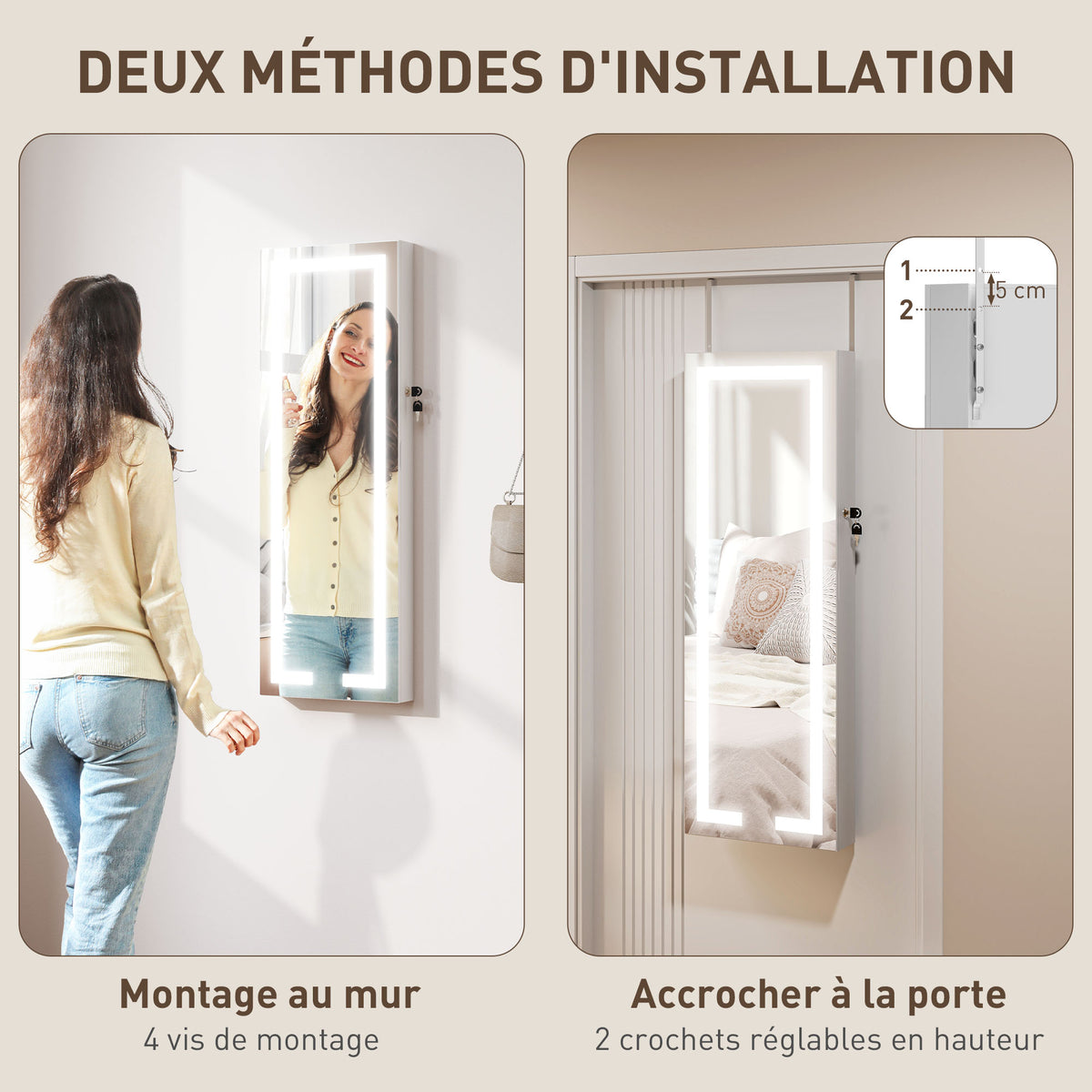 Armoire à bijoux avec LED, organisateur de bijoux mural/de porte verrouillable avec miroir, 37 x 10,5 x 108 cm, blanc
