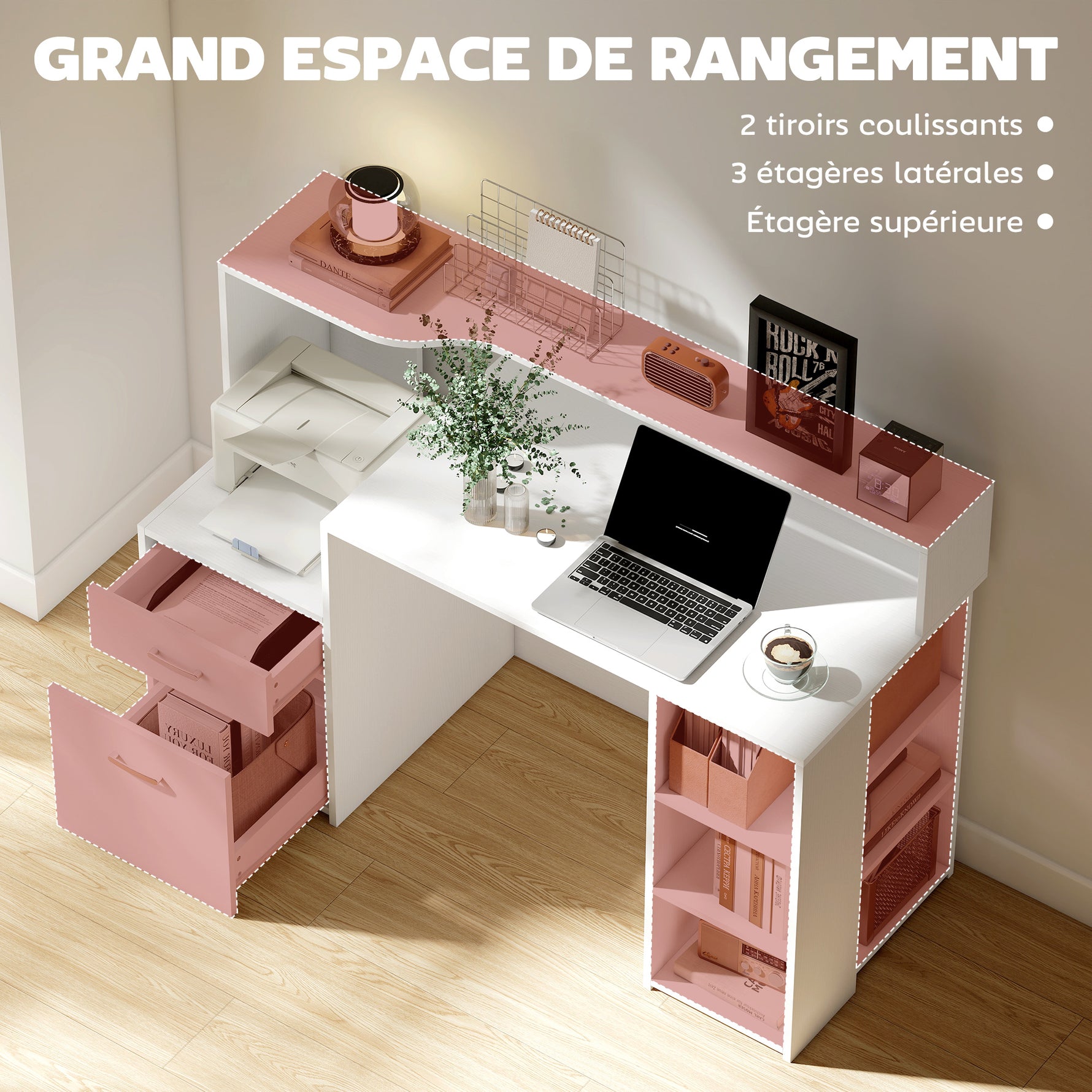 Bureau informatique, bureau avec rangement, 2 tiroirs, étagères ouvertes et tablette d'imprimante, 137x55x92cm, blanc
