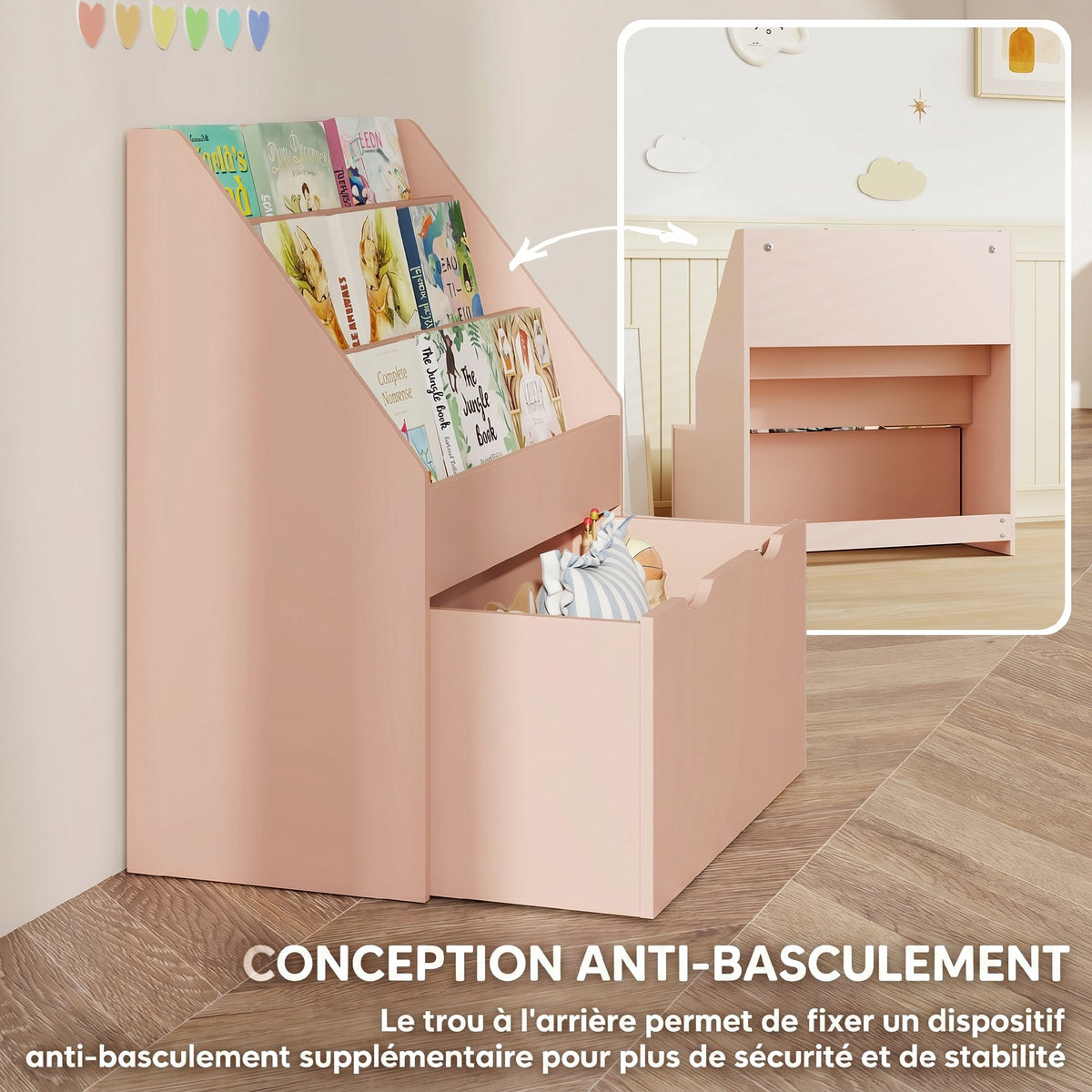 Kinderboekenrek met 3 legplanken en een lade, 62,5L x 30B x 70H cm, roze