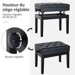 Banc de piano, banc de clavier réglable en hauteur en bois massif, tabouret piano avec compartiment caché, siège rembourré polyuréthane à 10 boutons, stable et antidérapant, charge 200kg, noir