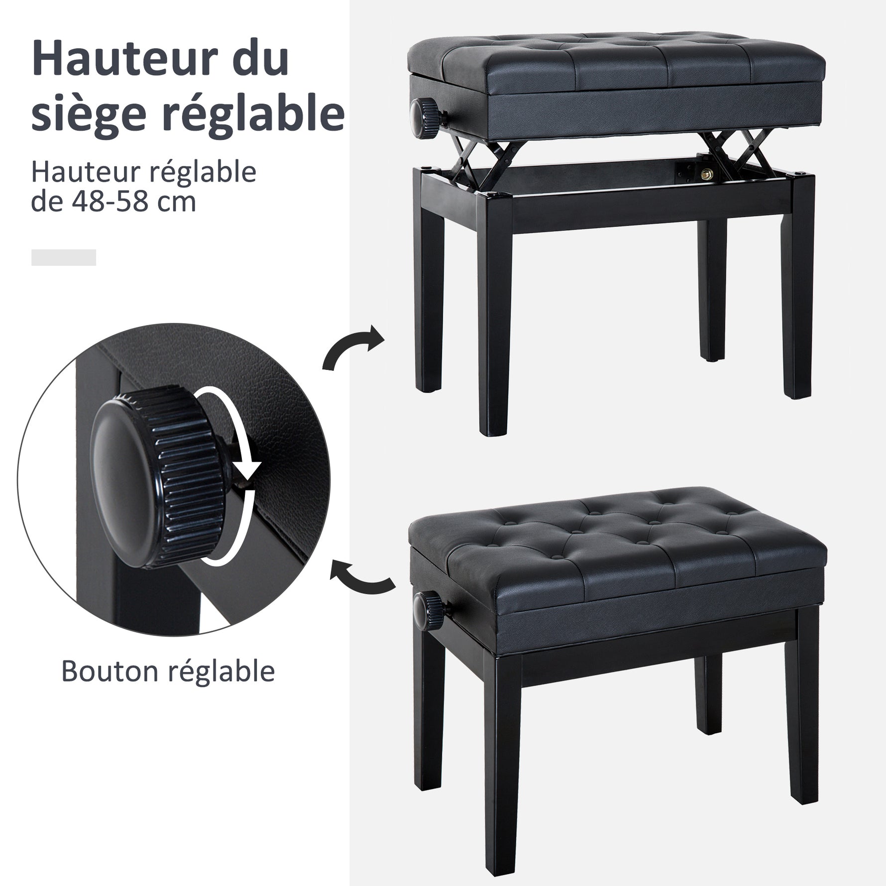 Banc de piano, banc de clavier réglable en hauteur en bois massif, tabouret piano avec compartiment caché, siège rembourré polyuréthane à 10 boutons, stable et antidérapant, charge 200kg, noir