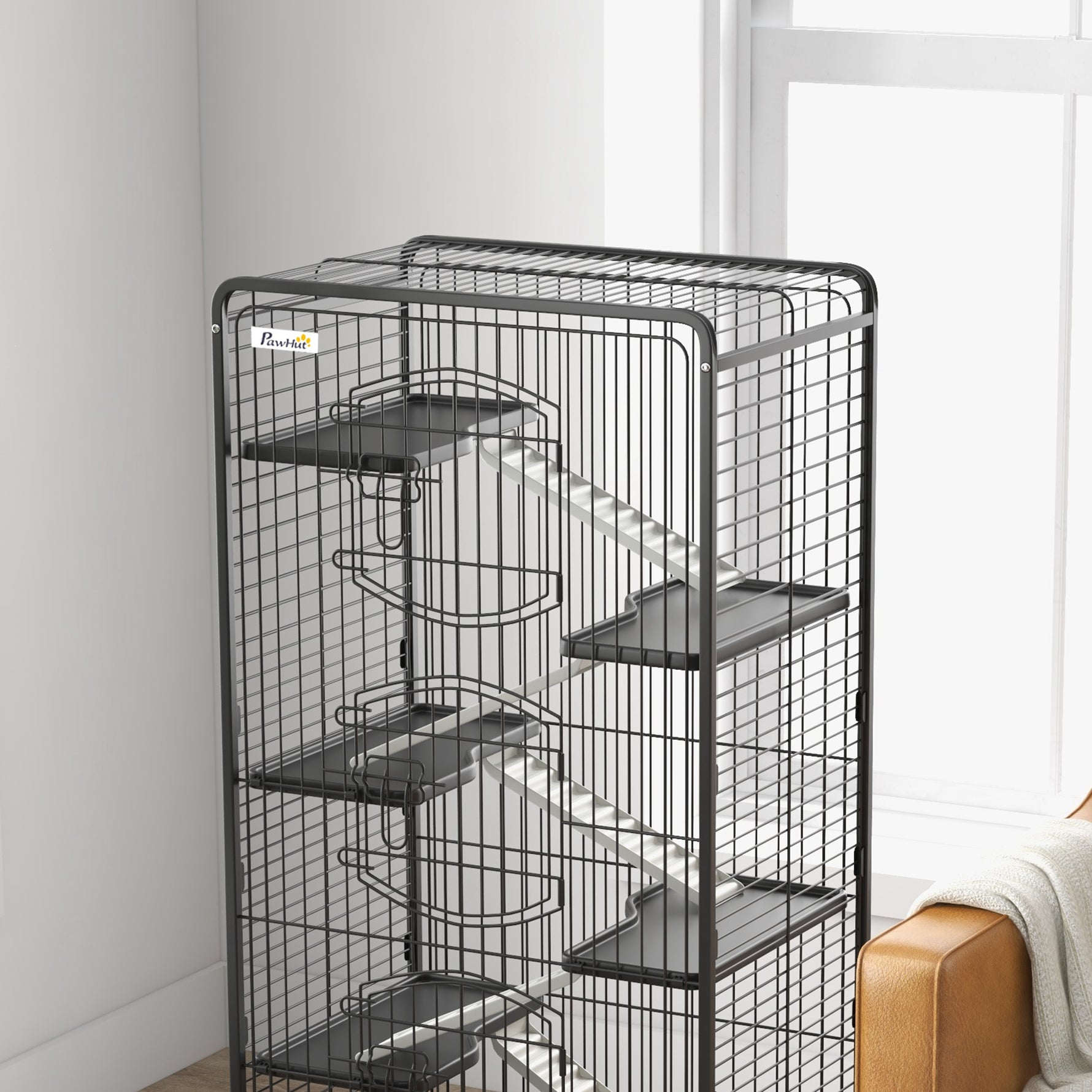 Cage pour Petits Animaux Roulante 5 Rampes 5 Plates-formes Plat et Bouteille d'Eau 250 ml Bac Inférieur Amovible