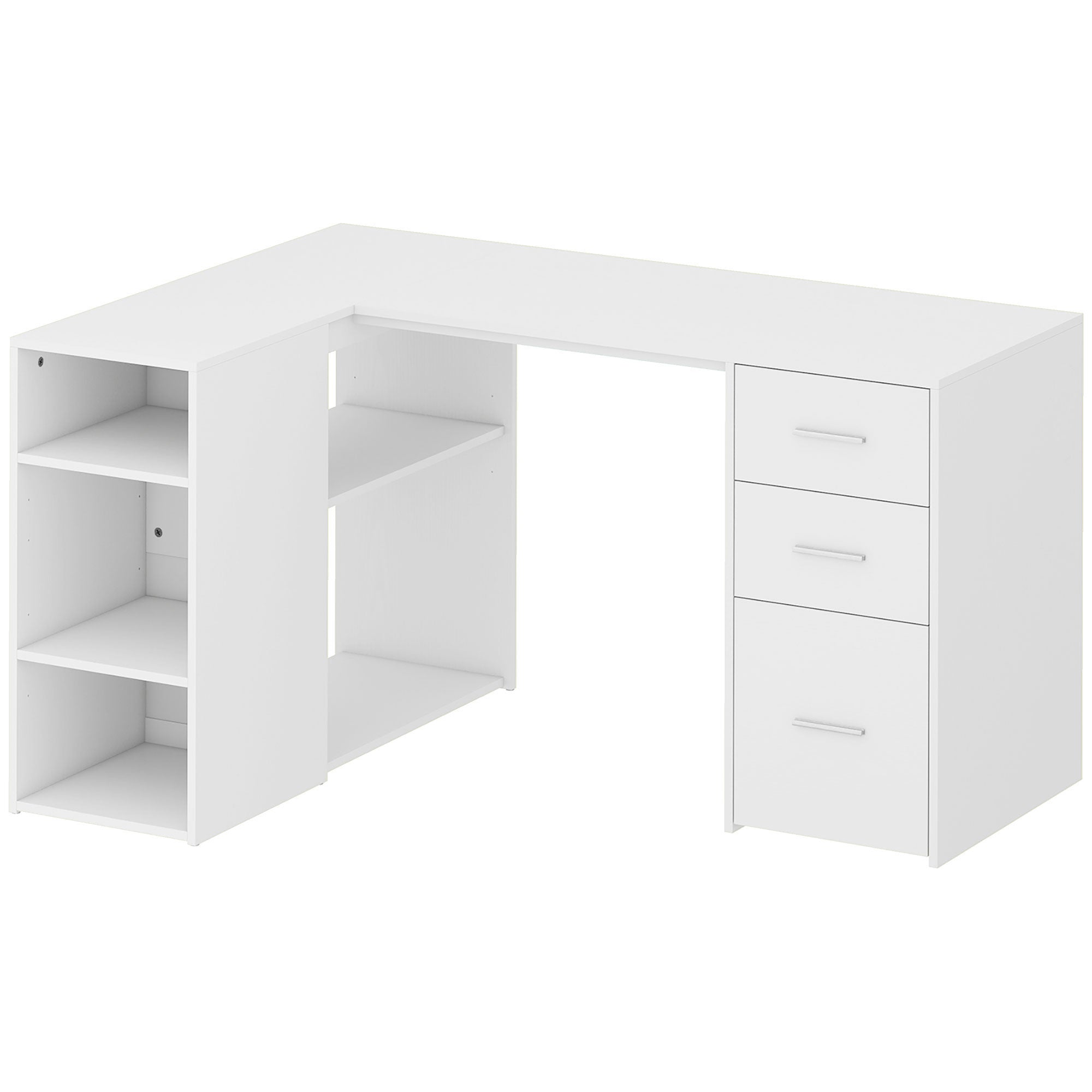 Bureau d'Angle, Bureau Informatique en L, 3 Tiroirs, 5 Compartiments Ouverts, Étagères Réglables, 140x100x75cm, Blanc