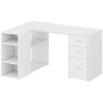 Bureau d'Angle, Bureau Informatique en L, 3 Tiroirs, 5 Compartiments Ouverts, Étagères Réglables, 140x100x75cm, Blanc