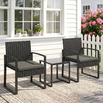 Salon de jardin extérieur en résine tressée 2 personnes, table de jardin avec 2 chaises, plateau en verre trempé, noir