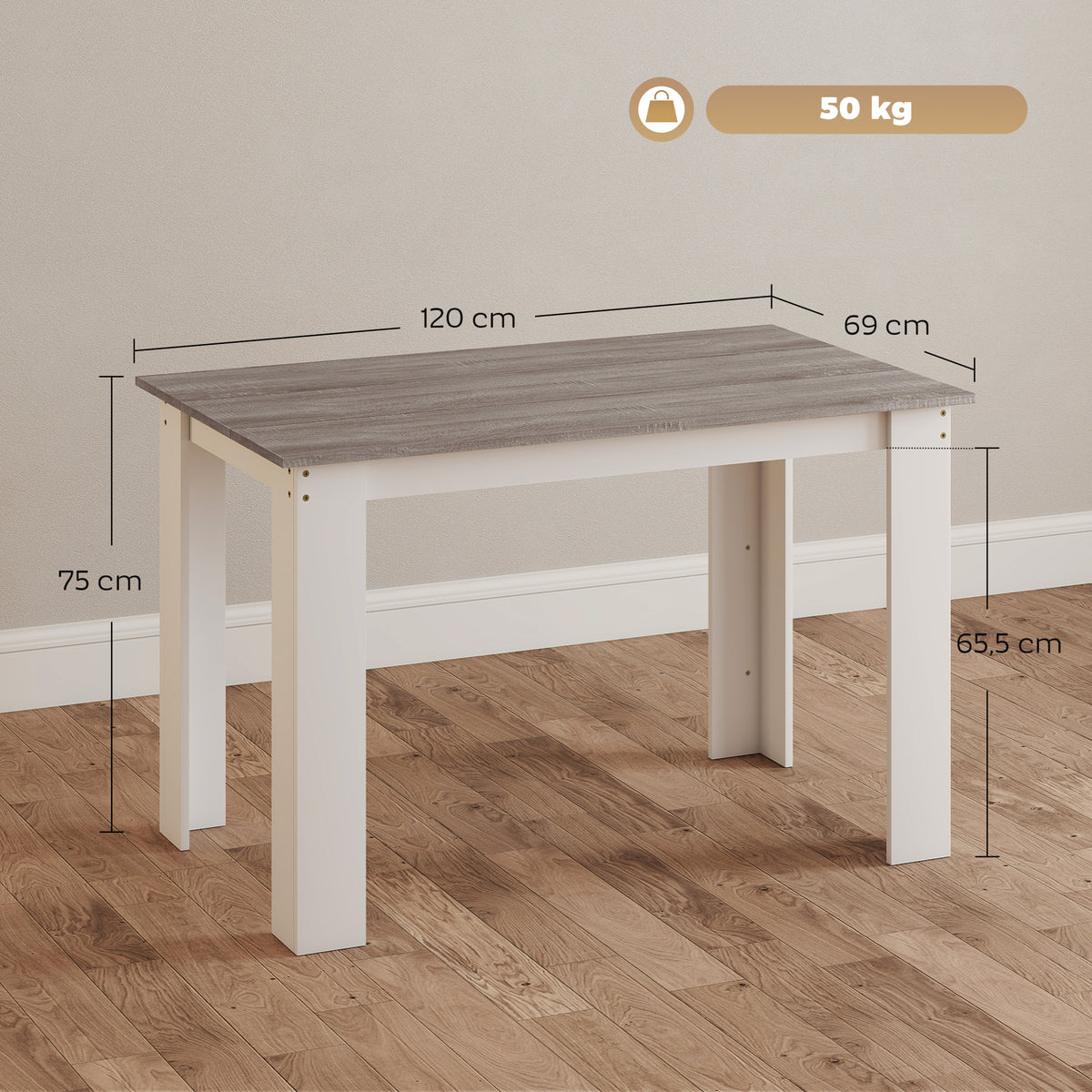Jangelako mahaia, sukaldeko mahai modernoa, gainazal handia 4-6 pertsonentzat, partikula-taulazkoa, 120x69x75 cm, grisa