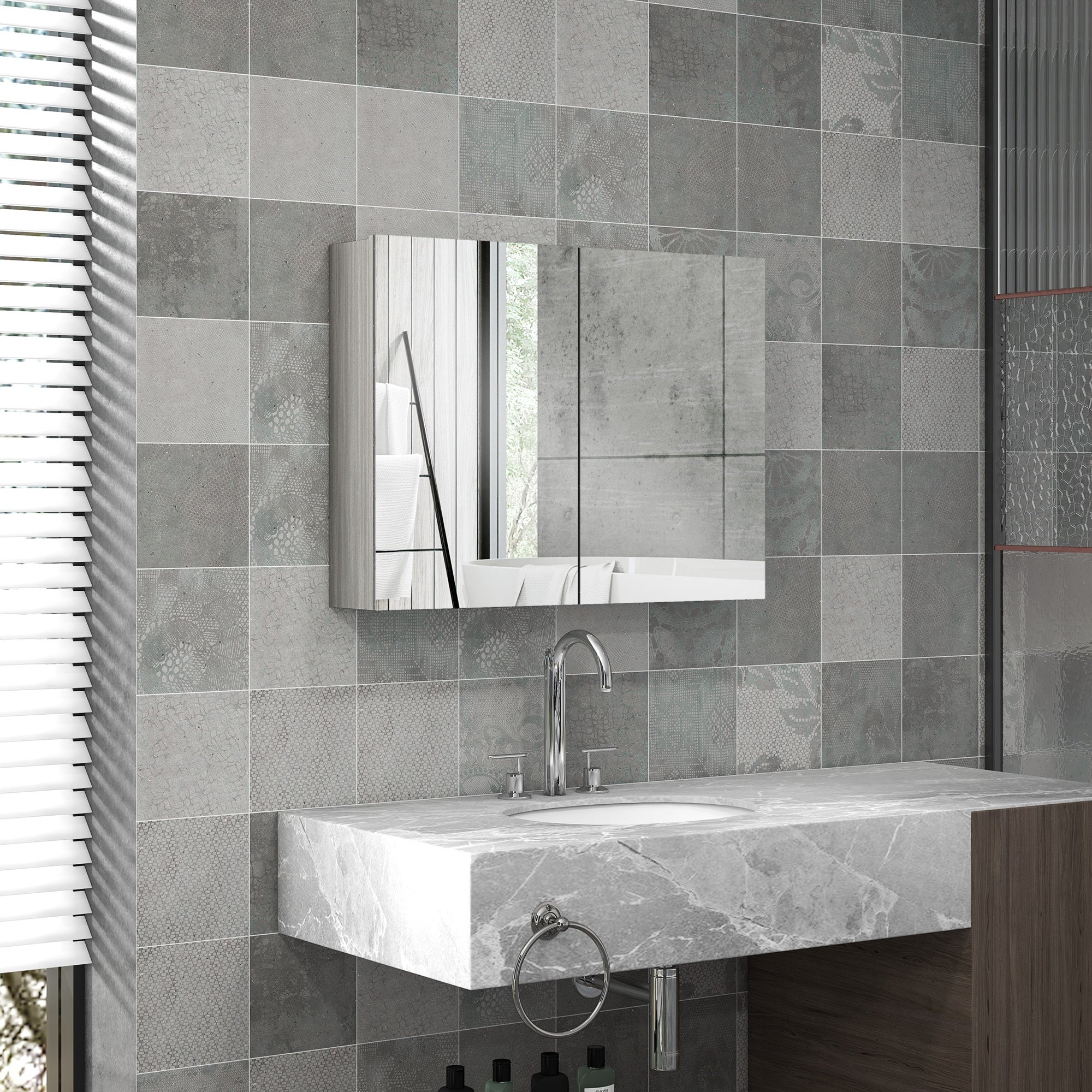 Armoire murale salle de bain avec miroir, meuble salle de bain, double portes et étagères réglables, 80x15x60cm, gris