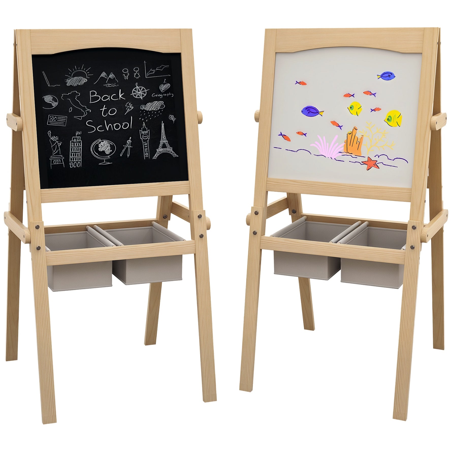 Tableau chevalet enfant ardoise double face tableau blanc tableau à craie rouleau papier 58 x 50,5 x 109 cm naturel