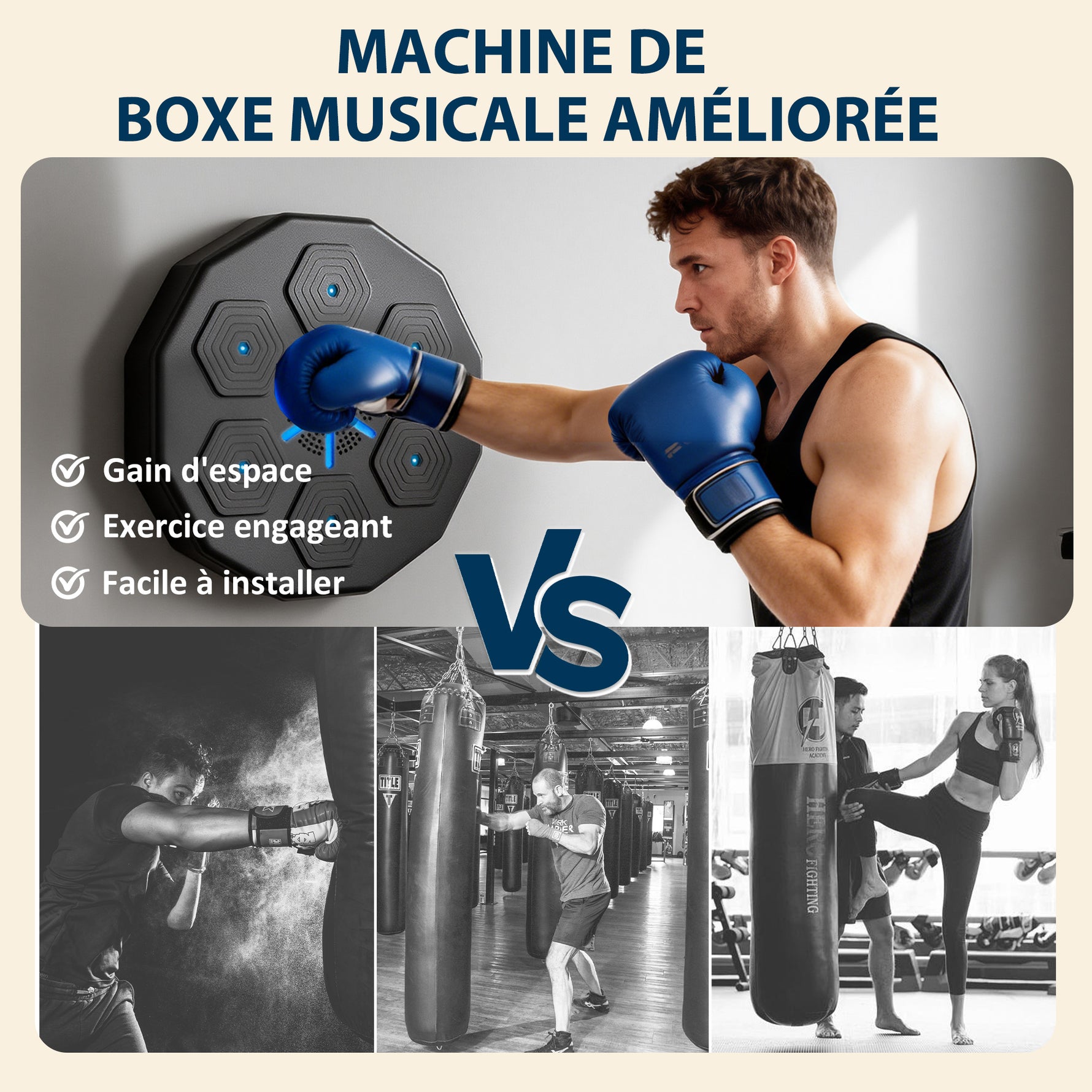 Machine de boxe musicale music boxing machine mural avec bluetooth music 40 x 40 x 7,5 cm, noir