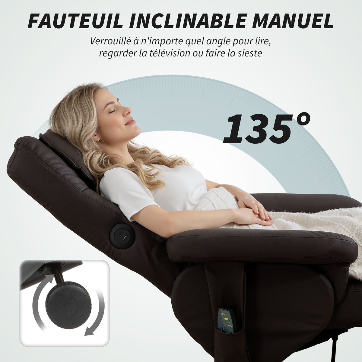 Sillón de masaje con reposapiés, respaldo reclinable hasta 135°, compartimento de almacenamiento, mando a distancia