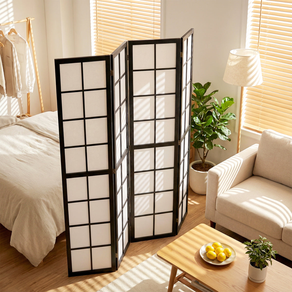 Paravent interieur pliable 4 panneaux 160 x 170 cm séparateur de pièce pour salon chambre à coucher maison, noir