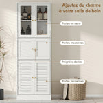 Meuble de salle de bain haut, meuble de rangement avec 6 portes dont 2 vitrées et 2 persiennes, étagère réglable, blanc
