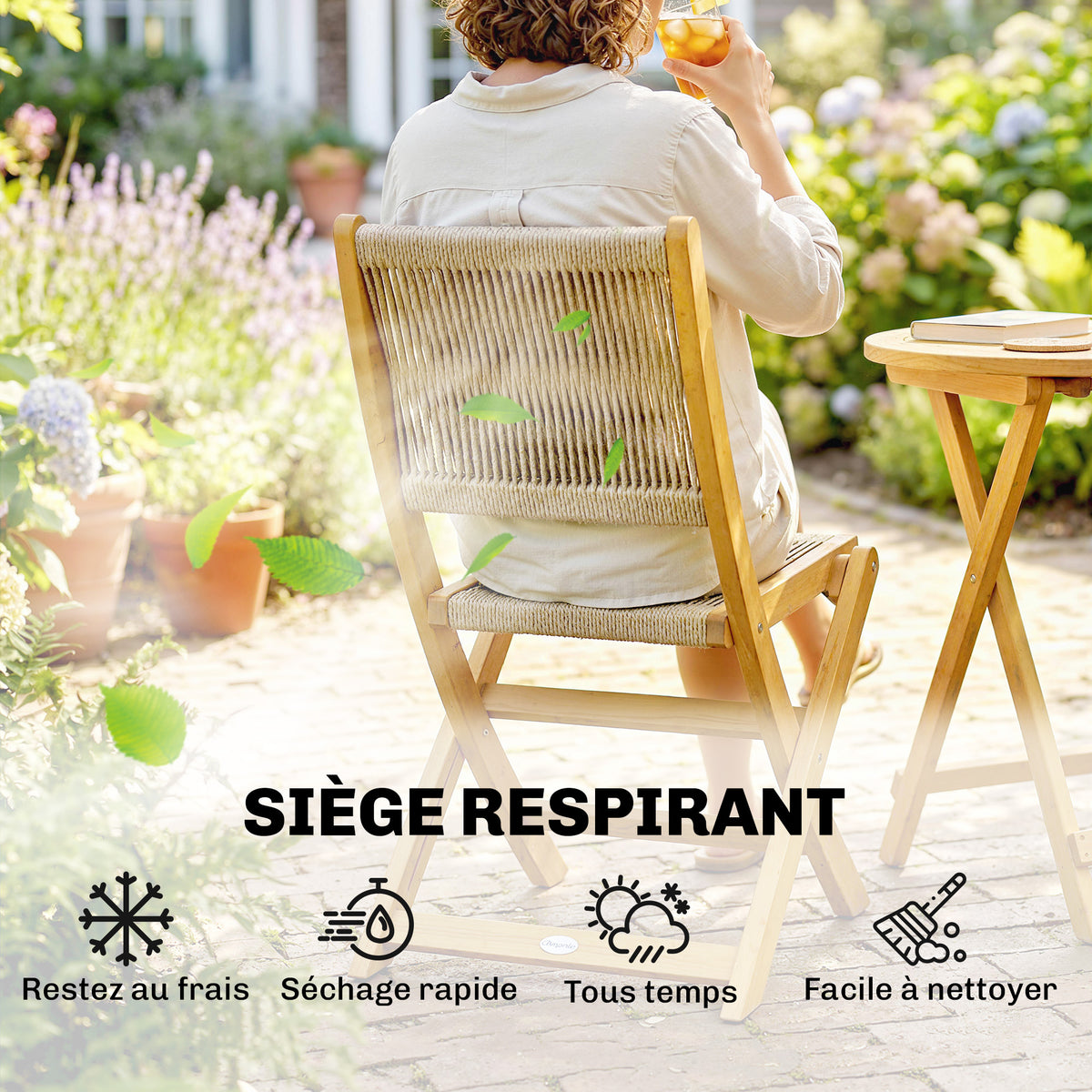 Salon de Jardin Ensemble Bistro 3 Pièces Table Ronde et 2 Chaises Pliables Design Boho Bois d'Acacia Cordage PP Naturel