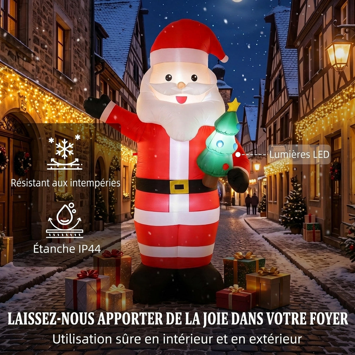 Père Noël Gonflable de 243 cm avec Lumières LED, Matériel Fixation et Souffleur, Intérieur et Extérieur, Rouge