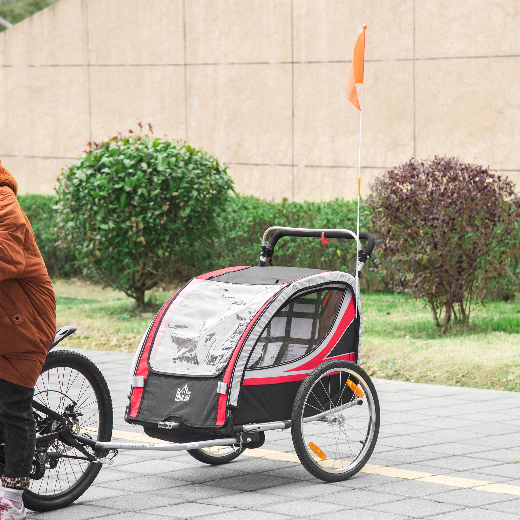 Remorque vélo pour enfant 2 en 1 convertible jogger poussette capacité 26,4 kg avec réflecteurs et drapeau - 2 places  - rouge