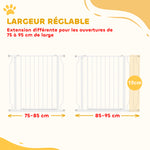 Barrière de sécurité chien barrière extensible 75-95 x 76 cm barrière escaliers couloirs portes sans perçage en acier et ABS blanc