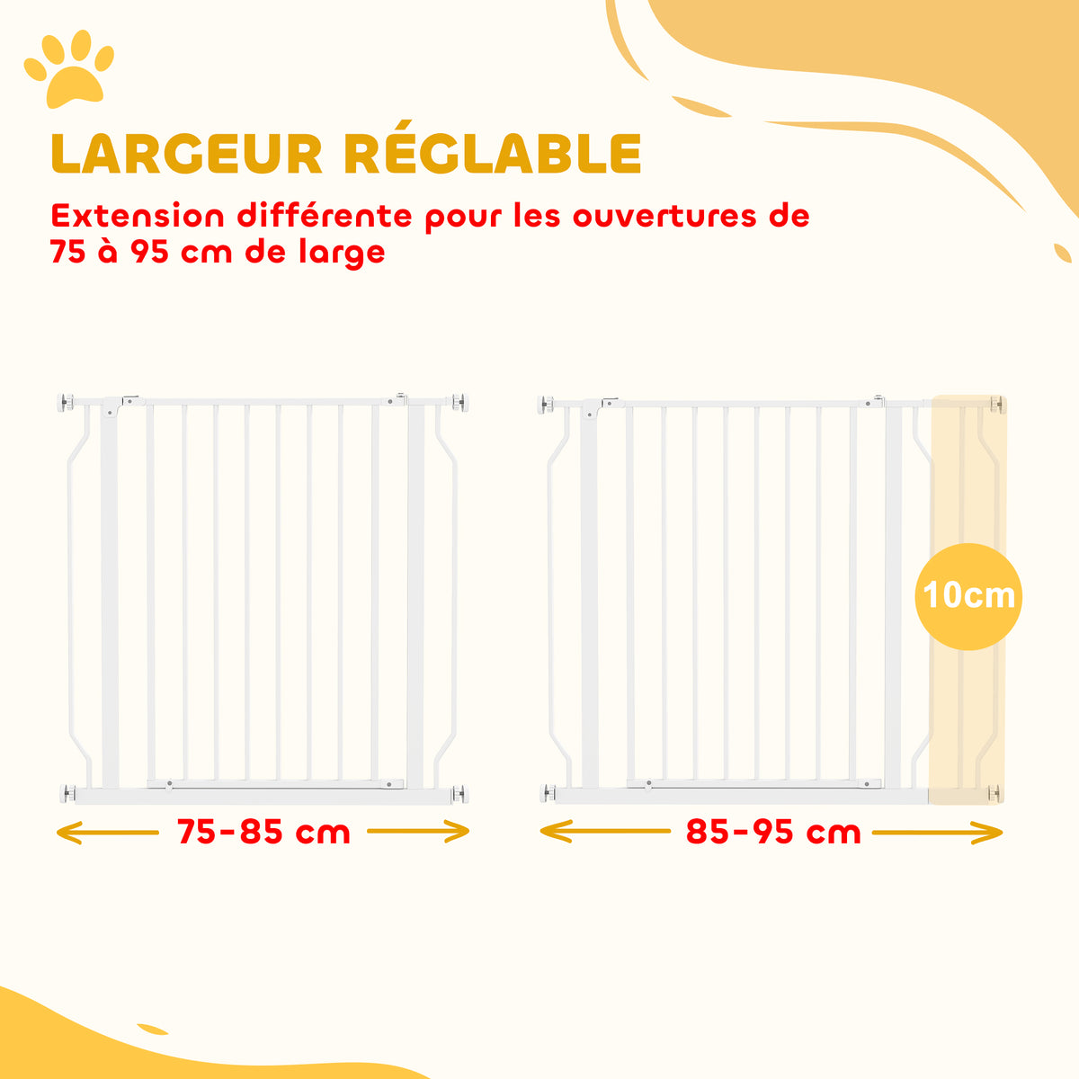 Barrière de sécurité chien barrière extensible 75-95 x 76 cm barrière escaliers couloirs portes sans perçage en acier et ABS blanc