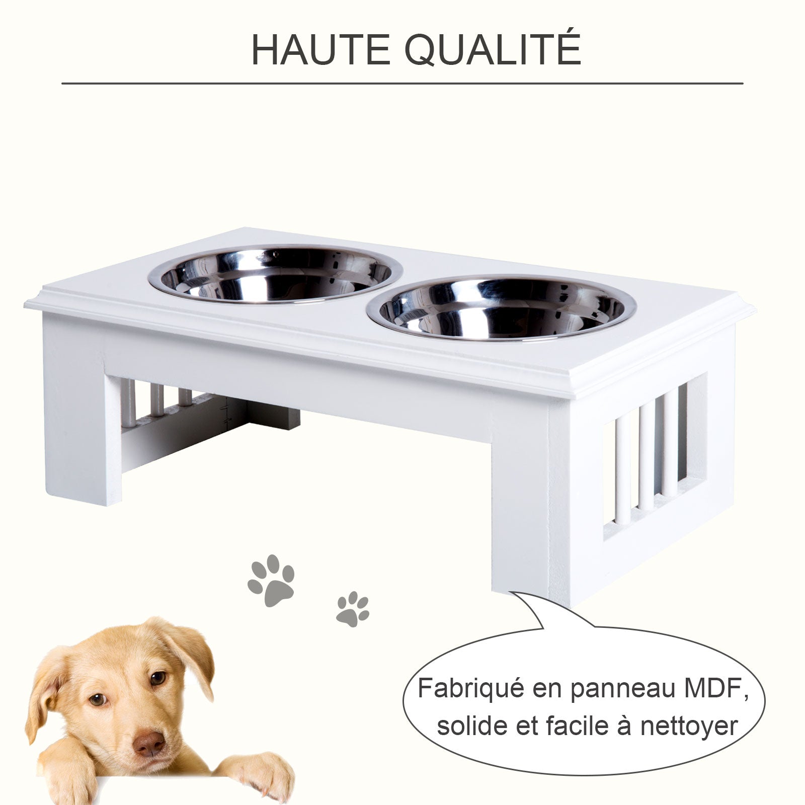 Gamelles chiens surélevées gamelle double chien chat Porte-gamelles surélevé dim. 44L x 24l x 15H cm 2 gamelles 0,9L acier inox. incluses bois blanc