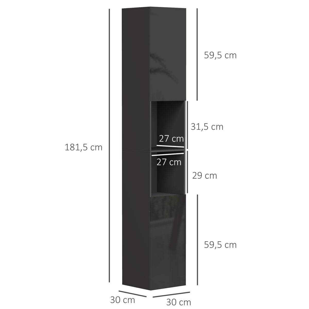 Meuble colonne de salle de bain 2 placards avec étagères réglables + 2 niches 30 x 30 x 181,5 cm noir