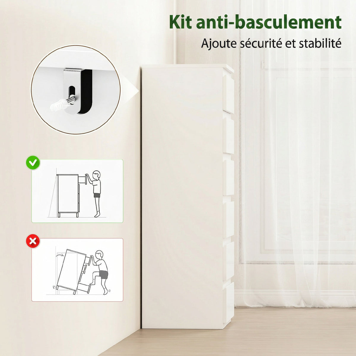 Cassettiera a 6 cassetti ad alta lucentezza, mobile contenitore stretto senza maniglie, 40 x 35 x 109 cm, bianco