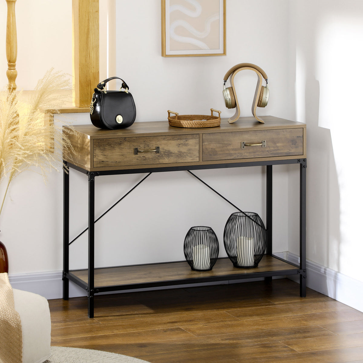 Table Console Table d'appoint d'entrée Industriel dim. 100L x 35l x 76H cm avec 2 tiroirs et 1 plateau Aspect Bois
