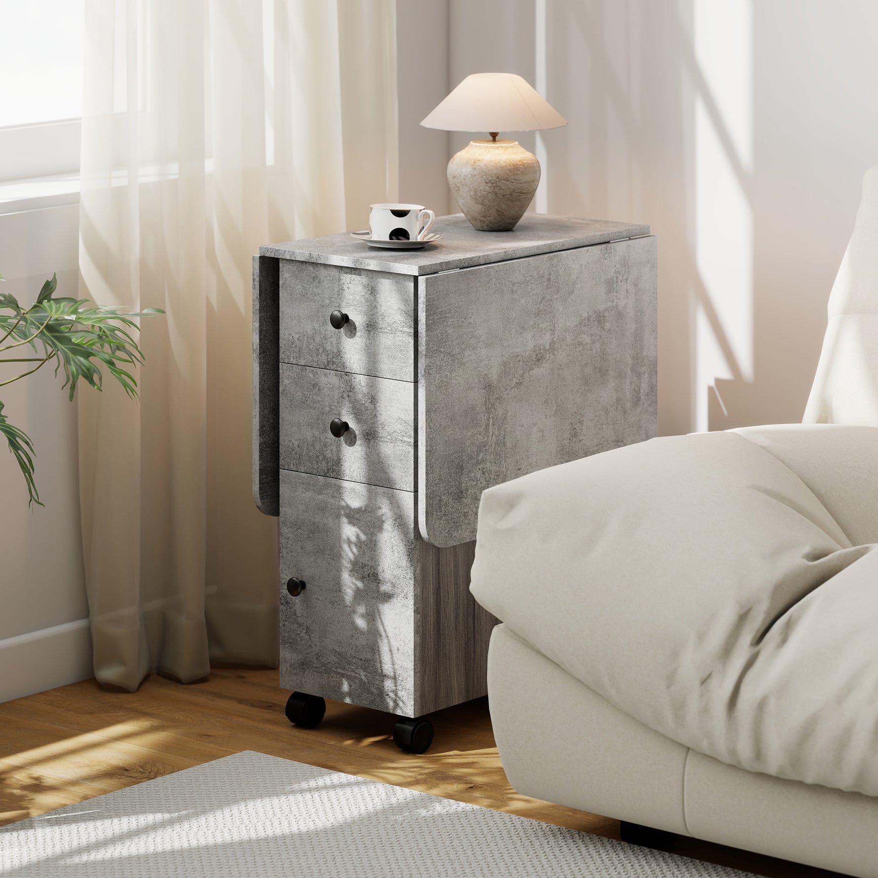 Table de cuisine pliable table à manger pliante 2 plateaux rabattables avec 2 tiroirs 1 placard et 1 étagère de rangement 120 x 60 x 76,5 cm - gris